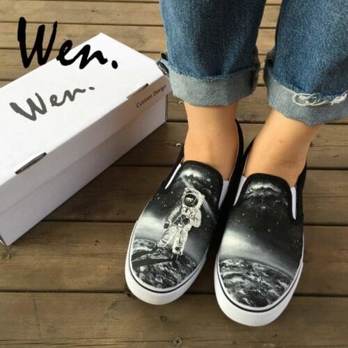Wen Original Black Sneakers Design Custom Hand Painted Astronaut Stood On The Moon Outer Space Flight Slip On Canvas Shoes