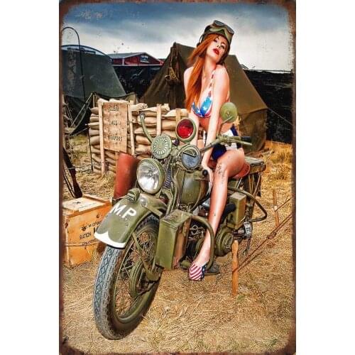 Military Theme Metal Signs,Motorcycle & Pinup Girl 8x12 Vintage Military Sign Metal Plaque Decor Sign Home Man Cave Decor