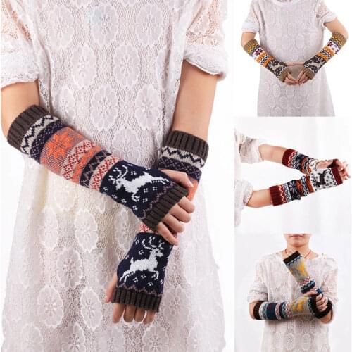Knitting Glove Arm Sleeve Winter Cartoon Christmas Gloves For Lady Wool Deer Half Finger Long Glove Warm Women Knitted Arm Cover