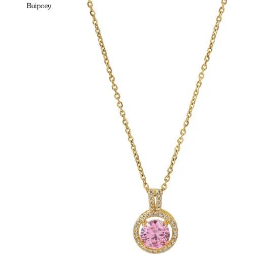 High Quality Cubic Zirconia Pink Crystal Pendant Necklace For Women Original Golden Stainless Steel Chain Charm Necklace Gift