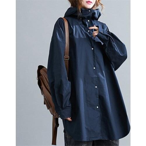 Womens Spring Autumn New Style Literary Loose Commuter All-Match Mid-length Hooded Windbreaker Single-breasted Solid Color J089