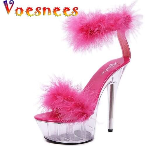 Voesnees Model T Runway Show 2021 Summer Women Shoes Sexy High Heels 15cm Fur Bridal wedding Party Female Sandals Large size