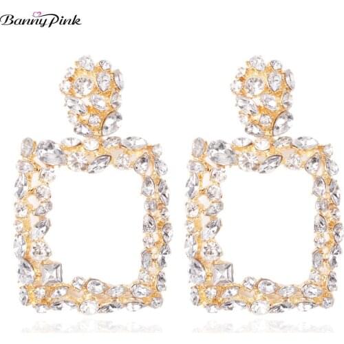 Banny Pink Big Gold Color Geometric Statement Studs Earrings For Women Multilayer Crystal Square Pendant Post Earrings Brincos