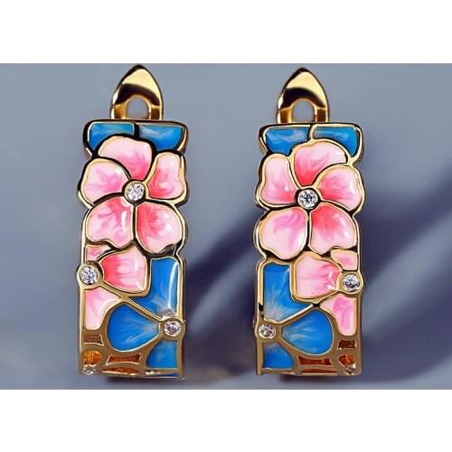 2021 New Ladies 925 Silver Earrings Color Flower Earrings Peach Blossom Handmade Enamel Earrings Ladies Jewelry
