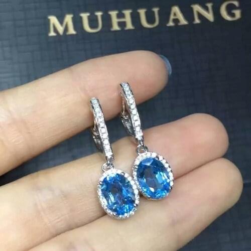 Natural blue topaz stone drop earrings 925 silver Natural gemstone earring women Classic elegant round drop Earrings for party