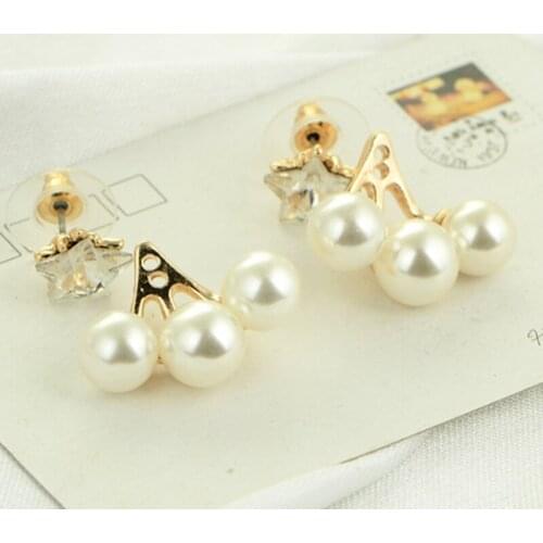 3 Branches of Big Simulated Pearl Shining Crystal Star Golden Stud Earrings Fashion piercing Jewelry for Women