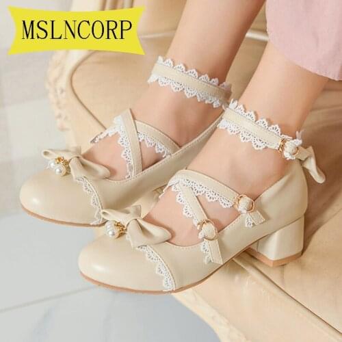 Plus Size 34-43 Lolita Shoes Buckle Mary Janes Shoes Women Cross-tied Heels Shoes Pu Leather Girls Shoes Lace Casual Shoes