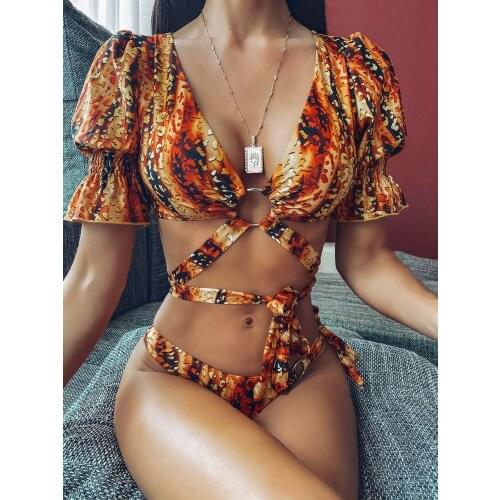 2021 New Leopard Print Swimsuit Ladies Short Sleeve Printed High Waist Lace Split Summer Sexy Beach Bikini