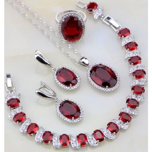 925 Sterling Silver Jewelry Red Garnet White Zircon Jewelry Sets For Women Wedding Necklace/Earrings/Bracelet/Pendant/Ring
