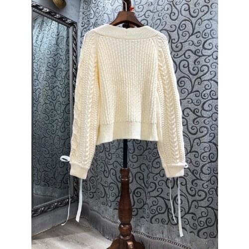 2021 Spring Autumn Fashion Cardigan Jackets Women V-Neck Hand Made Beading Long Sleeve Casual Knitted Tops Coat Ladies Cardigan