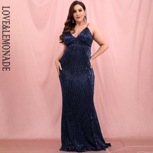 LOVE&LEMONADE PLUS SIZE Sexy Deep V-Neck Large Open Back Navy Sequin Elastic Fishtail Maxi Dress LM80119PLUS