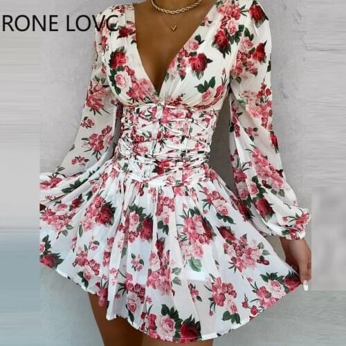 Women Floral Lace-up defined waist Chiffon Deep V neck Spring Sweet Dress