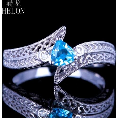 HELON Vintage Sterling Silver 925 Women Jewelry Engagement Gemstone Ring Trillion Cut Genuine Natural Blue Topaz & Diamonds Ring
