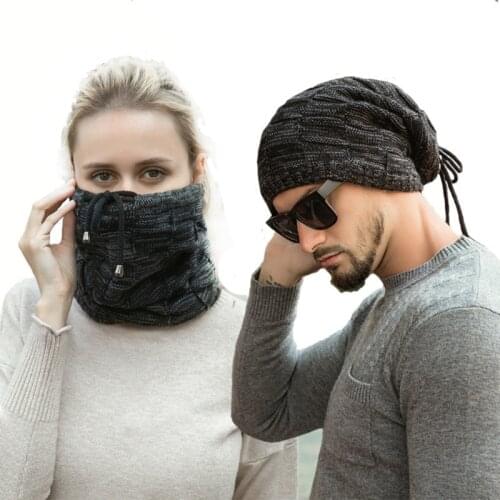Unisex Winter Neck Gaiter Multi-Purpose Plaid Knitted Beanie Hat Thick Fleece Lined Circle Loop Scarf Ponytail Cap