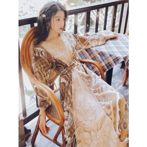 2019 new fashion womens clothing Vintage print dress women dress winter