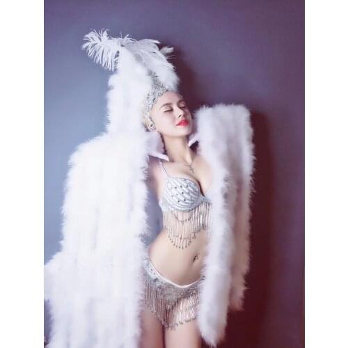 Tassel bright diamond bikini White red gogo sexy costume nightclub bar singer Dj Ds guest clothing