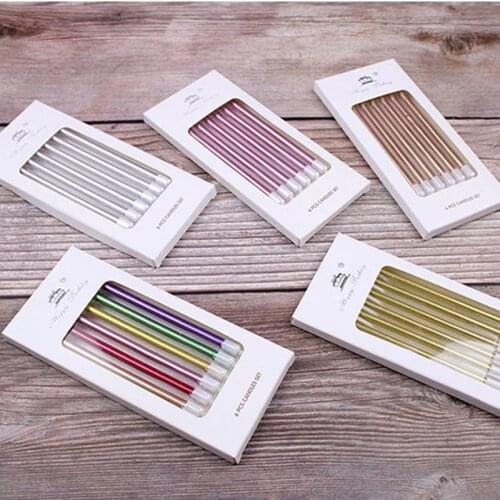 6PCS Baby Shower Gold Long Pencil Cake Candle Safe Flames Kids Birthday Party Wedding Cake Candle Home Decoration Favor Supplies