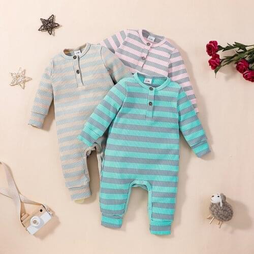 Infant Baby Girl Boy Stripe Jumpsuit Long Sleeve Buttons Ribbed Jumpsuit Pure Cotton Jumpsuit Baby Round Neck Romper