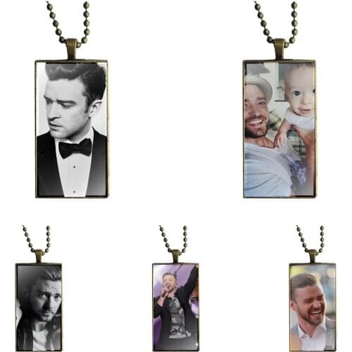 EJ Glaze New Justin Timberlake Fashion Glass Cabochon Pendant Necklace Women Bronze Color Choker Rectangle Necklace For Girls