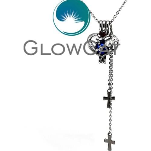 KK607-Cross Tassel Flower in Heart Beads Cage Essential Oil Diffuser Oyster Pearl Locket Pendant Necklace