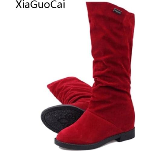 Hot Sale Women Martin Boots Stretch Fabric Suede Women Autumn Boots Height Increasing Brown Mid-calf Boots X804 5