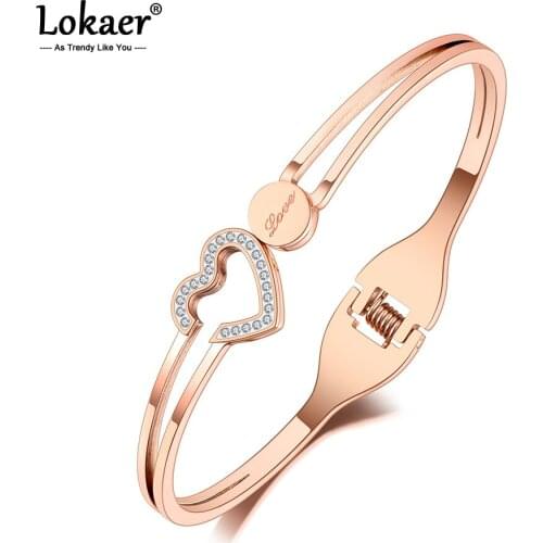 Lokaer Trendy Rhinestone Love Heart Cuff Bangles For Women Rose Gold Cubic Zirconia Titanium Stainless Steel Bracelets B20184
