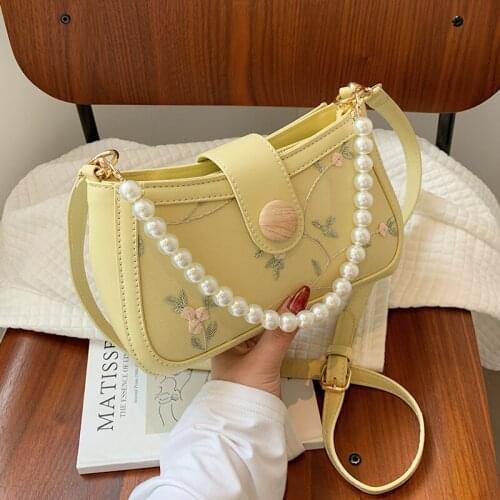 Women Small Pu Leather Tote Crossbody Bags Pearl Chain Handbags Female Simple Square Messenger Bag Embroidery Shoulder Bags Sac