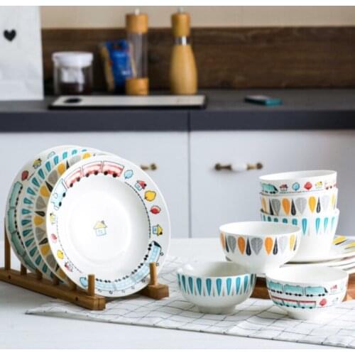 Cartoon Dinner Plate Set Ceramic Kitchen Plate Breakfast Tableware Set Dishes Spoon Desert Rice Nut Salad Noodles Bowl Soup