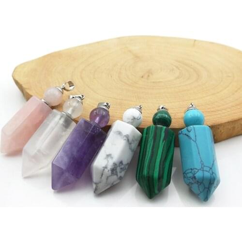 Natural Hexagon prism gems stone perfume bottle pendant Crystal rose Quartzs amethysts essentail oils diffuser for necklace