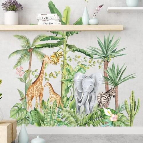 Nordic Green Plant Wall Stickers Living Room Bedroom Sofa Wall Decoration Tropical Rainforest Elephant Giraffe Decals Home Decor