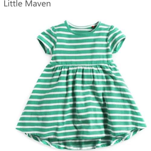 Little Maven Brand New Summer Girls Brief Green Striped Short Sleeve O-neck Soft Knitted Cotton Causal Beach Dresses