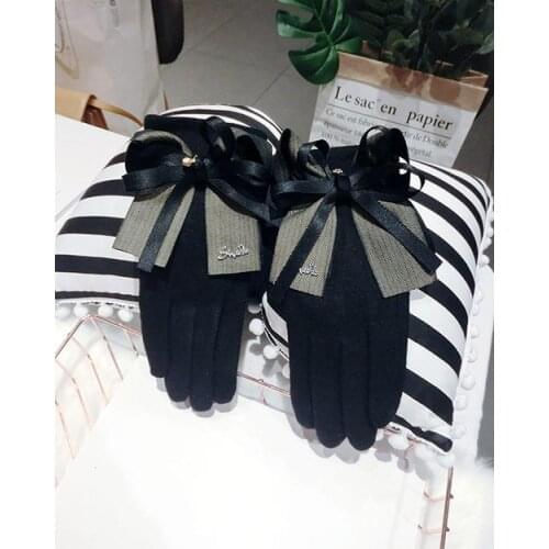 Autumn and Winter Bowknot Cashmere Gloves Korean Fashion Thickening Warm Letters Can Touch Screen Finger Gloves Women