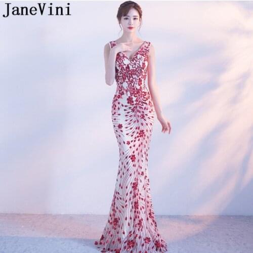 JaneVini Sexy Red Sequins Mermaid Bridesmaid Dresses Long Vintage Women Ladies Wedding Party Gown V-Neck Sleeveless Formal Dress