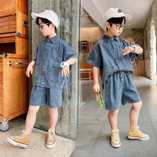 2021 Summer Denim Sets Boys Shirts and Shorts 2pcs Loose Outfit Cool Daily Baby Suits Children Clothing Sets
