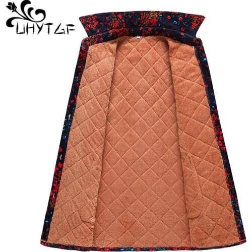 UHYTGF Middle-Aged Elderly Women Shirts Fashion Printing Autumn Winter Coat Female Plus Fleece Cotton Jacket 5XL Large Size 1222