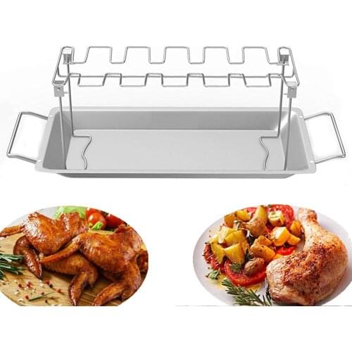 BBQ Grill Mesh Stainless Steel Silver Roasting Pan with Grilling Claws Meat Tray barbecue Basket BBQ Rack Double-deck Barbecue