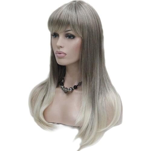 StrongBeauty Womens Long Straight Hair Neat Bang Hairstyle Blonde Ombre Wig Synthetic Full Wigs