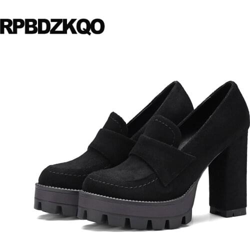 Super Black Ultra Size 4 34 Round Toe Sexy Suede Platform Pumps China 2021 Chunky High Heels Extreme Shoes 12cm 5 Inch Ladies