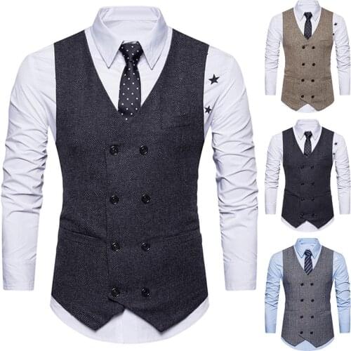 Vintage Men Sleeveless Double-breast Herringbone Twill Waistcoat Business Vest premium fabric touch softly comfortable to wear