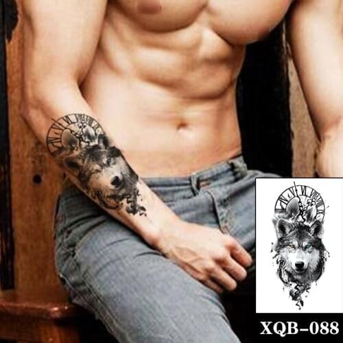 Wolf Orange Blue Eyes Waterproof Temporary Tattoo Sticker Black Clock Design Fake Tattoos Flash Tatoo Arm Body Art for Women Men