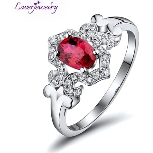 LOVERJEWELRY Women Rings Charming Vintage Solid 18Kt White Gold Natural Diamond Ruby Engagement Ring Ruby Oval 5x7mm Gemstone