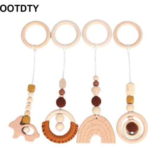 4 Pcs/Set Baby Teething Nursing Rattle Toys Gifts Play Gym Frame Stroller Hanging Pendants Wooden Ring Teether Molar