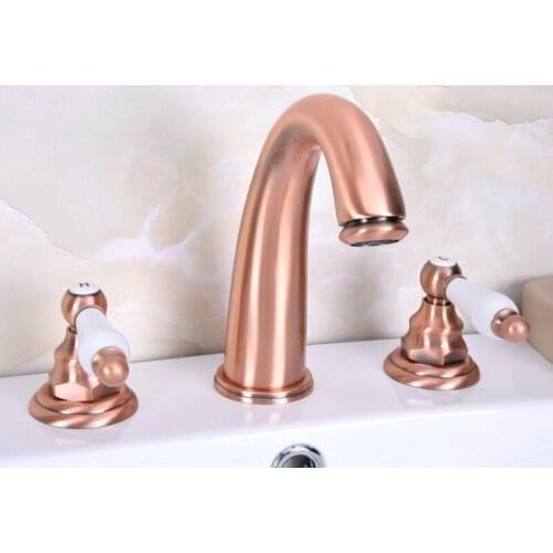 Antique Red Copper Double Ceramic Handle Deck-Mount Three Hole Widespread Bathroom Bathtub Basin Faucet Sink Mixer Tap drg063