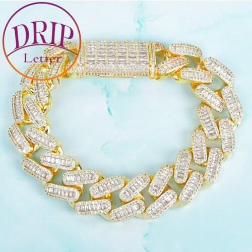 Baguette Miami Cuban Bracelet 20MM Chain Mens Trendy Hip Hop Bling Zircon Copper Rock Jewelry Link