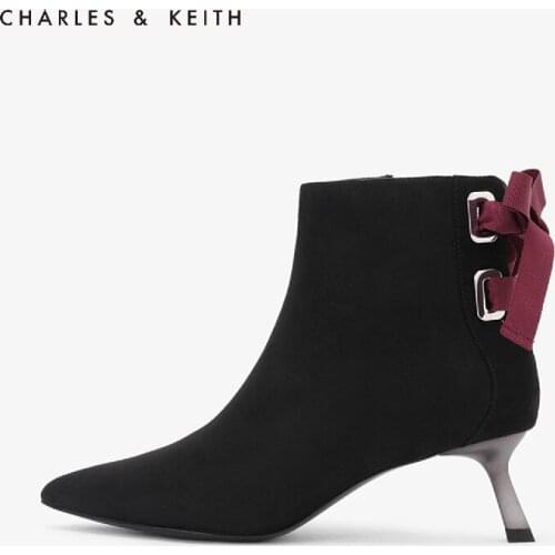 CHARLES&KEITH Womens Boots CK1-90360295 Womens Ankle Boot Short Boot Suede Bow Stiletto Pointed Toe