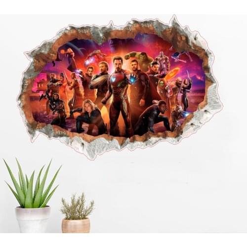 Disney The Avengers Through Wall Stickers For Kids Room Home Decor Living Room Bedroom 3D Effect Broken Wall Decals Pvc Poster