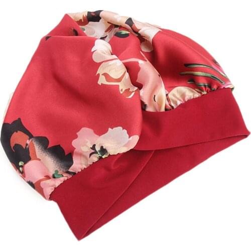 Women Silky Satin Bonnet Sleep Cap Cross Front Wide Band Turban Head Cover Vintage Floral Print Large Night Sleeping Hat