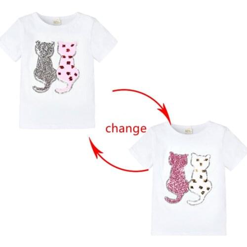 Boys T-shirt 2019 summer new baby Girls Sequin Short Sleeved T shirt kids Changing Color cotton cartoon clothes