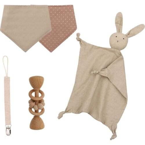 4 Pcs Baby Birthday Gift Beech Wooden Teether Suit Toys Baby Cotton Bib Soothe Appease Towel Kids Pacifier Chain Clips Baby Prod