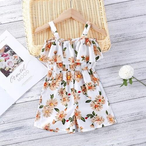 Summer Childrens Clothing 2021 New Girls Small Fresh Print Ruffled Neckline Sling Baby Jumpsuit 2 to 6 Years Baby Girl Clothes